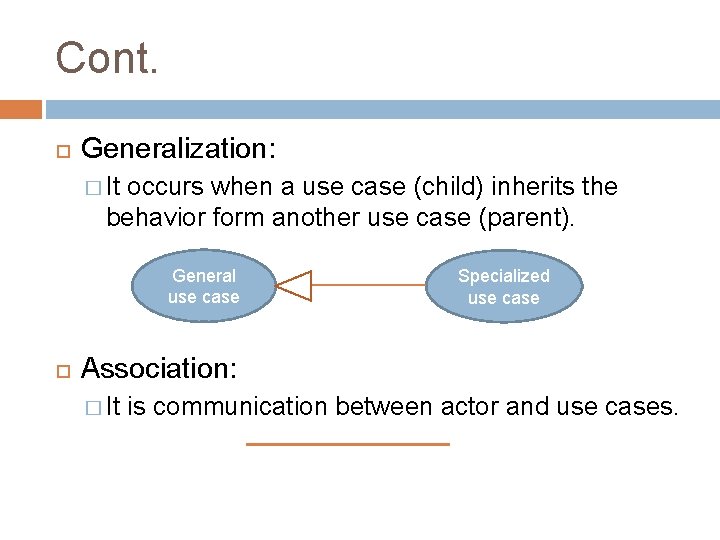 Cont. Generalization: � It occurs when a use case (child) inherits the behavior form