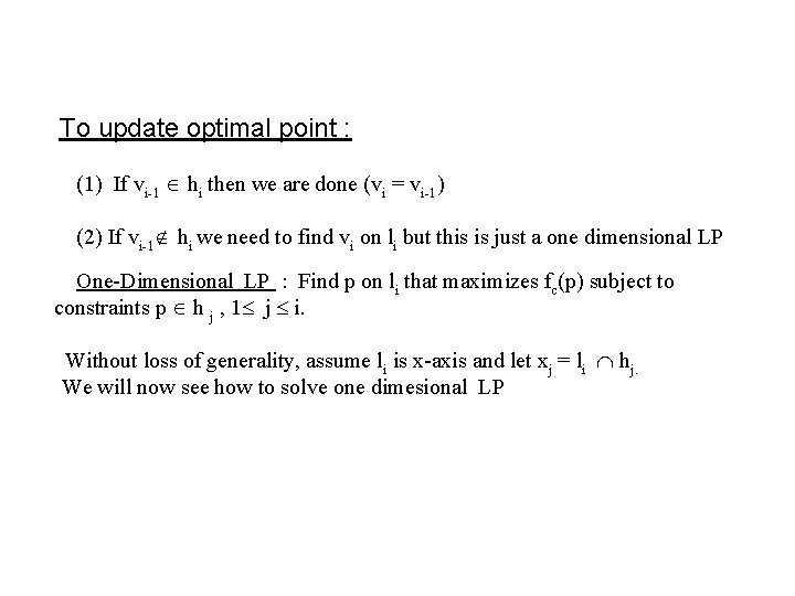  To update optimal point : (1) If vi-1 Î hi then we are