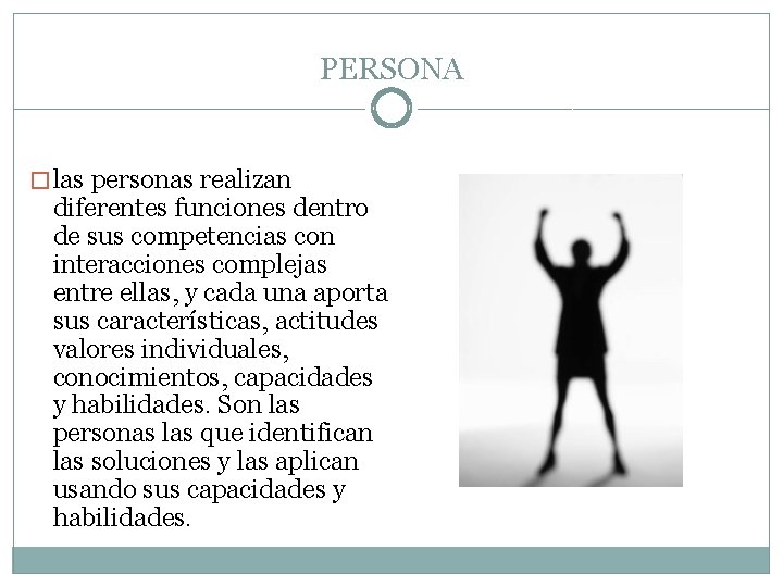 PERSONA � las personas realizan diferentes funciones dentro de sus competencias con interacciones complejas