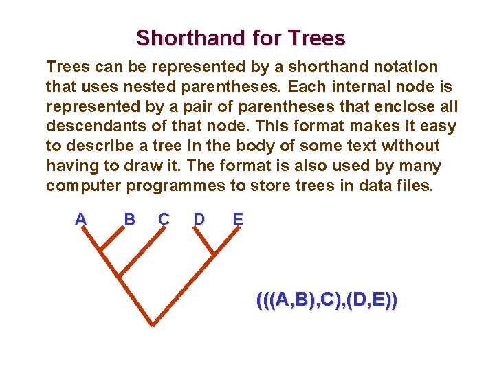 Shorthand for Trees can be represented by a shorthand notation that uses nested parentheses.