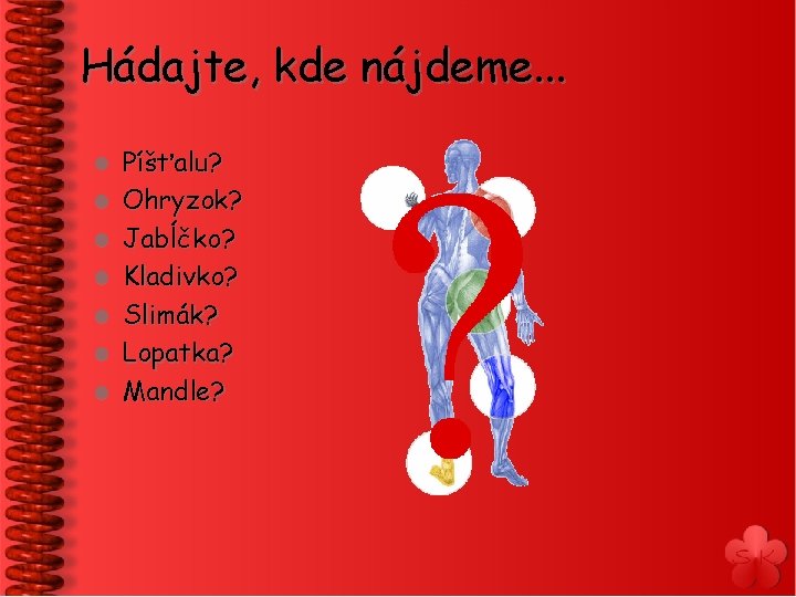Hádajte, kde nájdeme. . . l l l l Píšťalu? Ohryzok? Jabĺčko? Kladivko? Slimák?