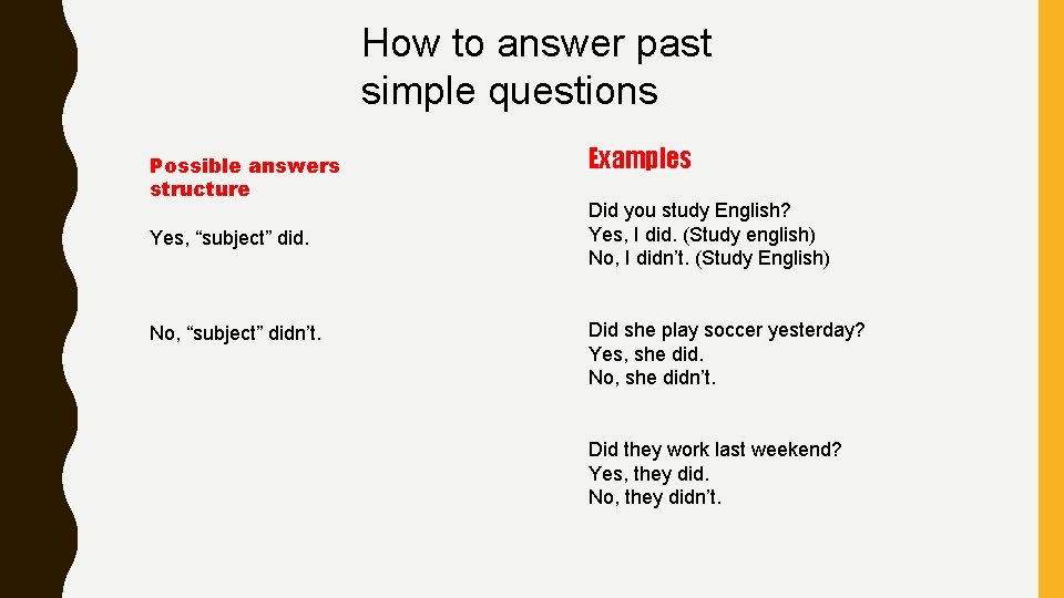 How to answer past simple questions Possible answers structure Yes, “subject” did. No, “subject” How to answer past simple questions Possible answers structure Yes, “subject” did. No, “subject”