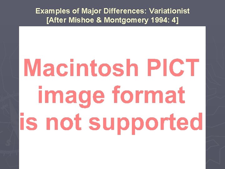 Examples of Major Differences: Variationist [After Mishoe & Montgomery 1994: 4] 