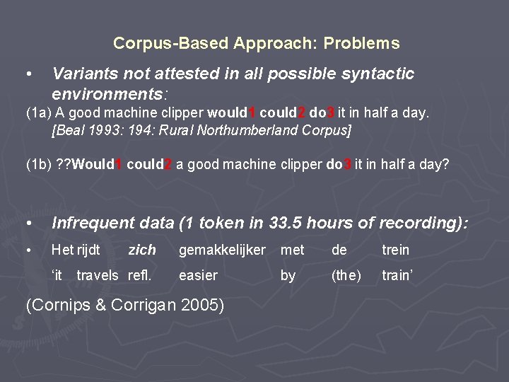 Corpus-Based Approach: Problems • Variants not attested in all possible syntactic environments: (1 a)