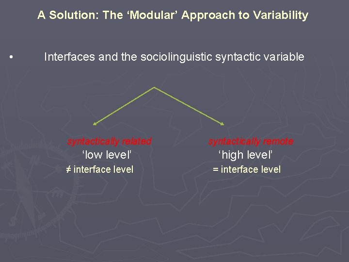 A Solution: The ‘Modular’ Approach to Variability • Interfaces and the sociolinguistic syntactic variable