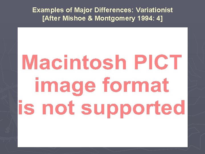 Examples of Major Differences: Variationist [After Mishoe & Montgomery 1994: 4] 