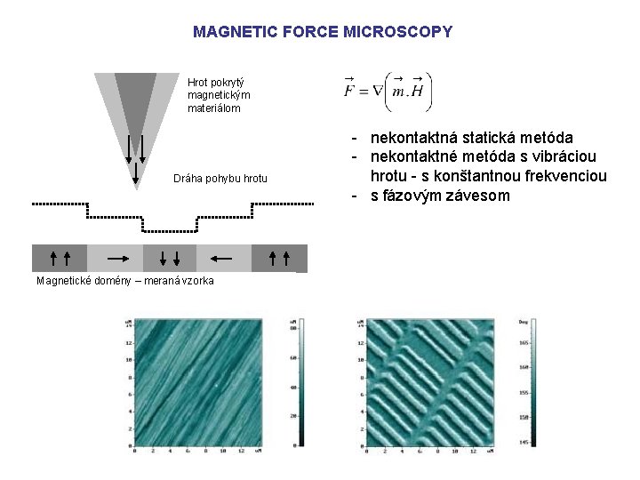 MAGNETIC FORCE MICROSCOPY Hrot pokrytý magnetickým materiálom Dráha pohybu hrotu Magnetické domény – meraná
