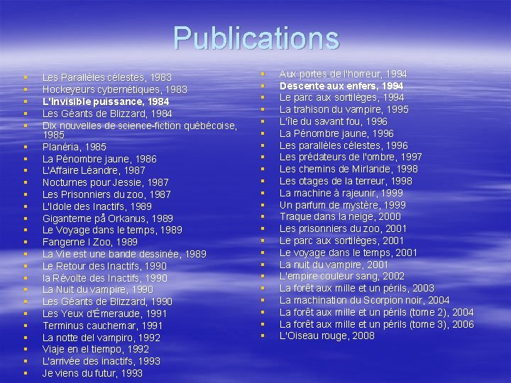 Publications § § § § § § § Les Parallèles célestes, 1983 Hockeyeurs cybernétiques, Publications § § § § § § § Les Parallèles célestes, 1983 Hockeyeurs cybernétiques,