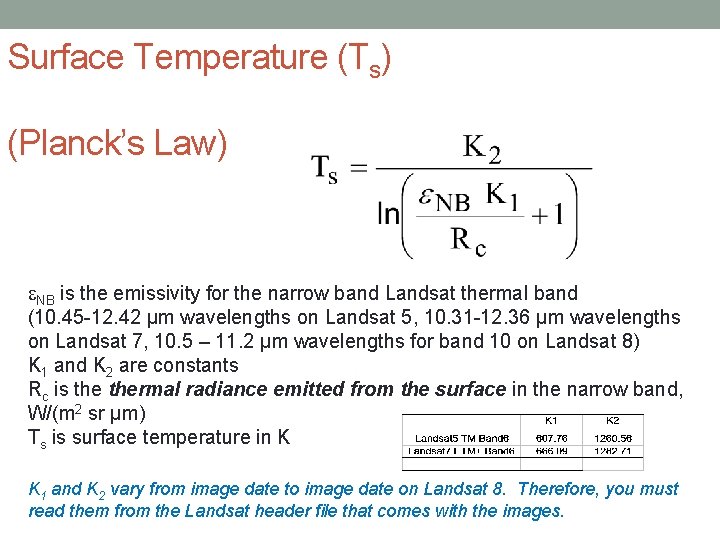 Surface Temperature (Ts) (Planck’s Law) NB is the emissivity for the narrow band Landsat