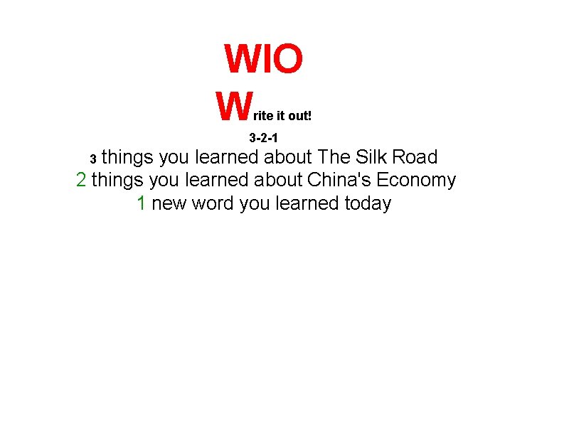WIO W rite it out! 3 -2 -1 things you learned about The Silk