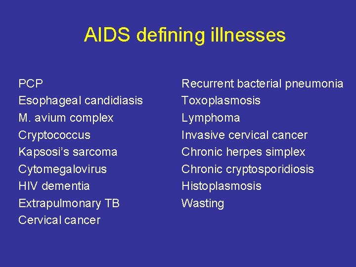 AIDS defining illnesses PCP Esophageal candidiasis M. avium complex Cryptococcus Kapsosi’s sarcoma Cytomegalovirus HIV