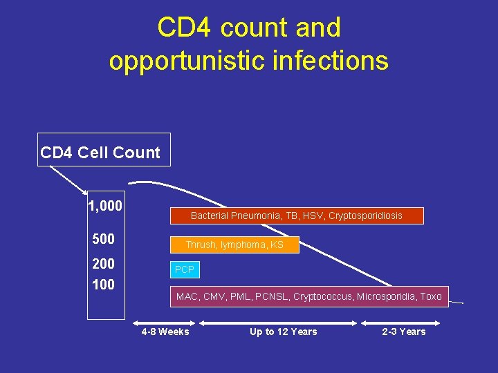 CD 4 count and opportunistic infections CD 4 Cell Count 1, 000 500 200