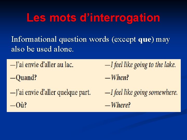 Les mots d’interrogation Informational question words (except que) may also be used alone. 