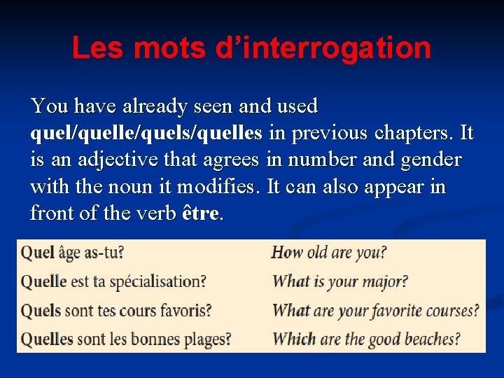 Les mots d’interrogation You have already seen and used quel/quelle/quels/quelles in previous chapters. It