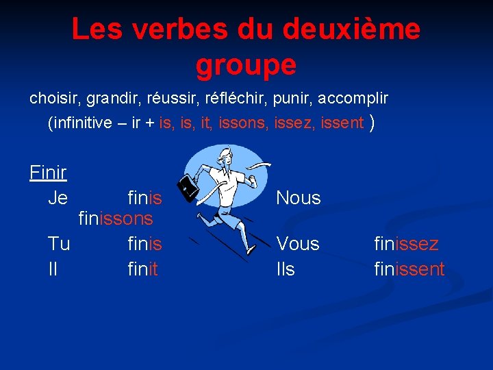 Les verbes du deuxième groupe choisir, grandir, réussir, réfléchir, punir, accomplir (infinitive – ir