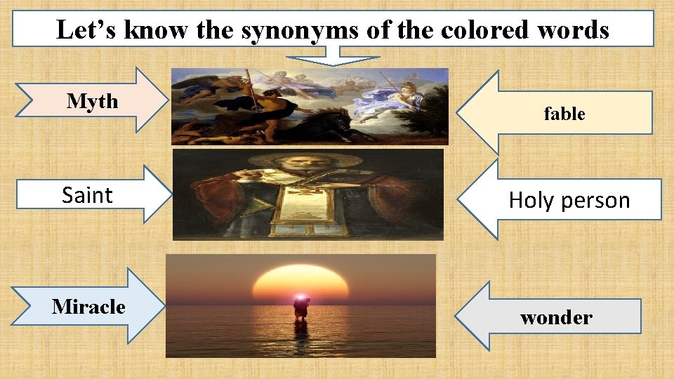 Let’s know the synonyms of the colored words Myth Saint Miracle fable Holy person