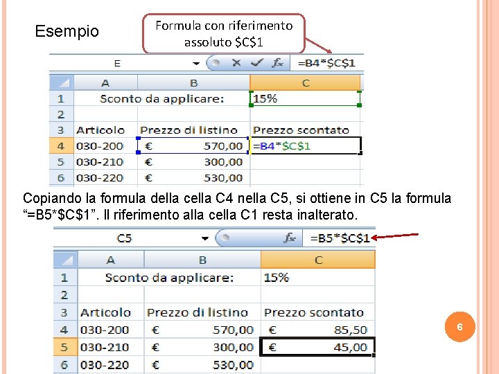 Esempio Formula con riferimento assoluto $C$1 Copiando la formula della cella C 4 nella