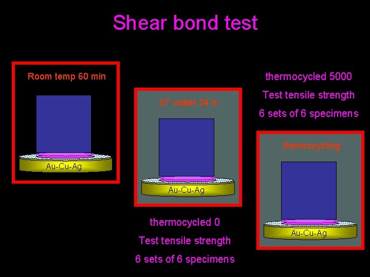 Shear bond test thermocycled 5000 Room temp 60 min 37’ water 24 h. Test