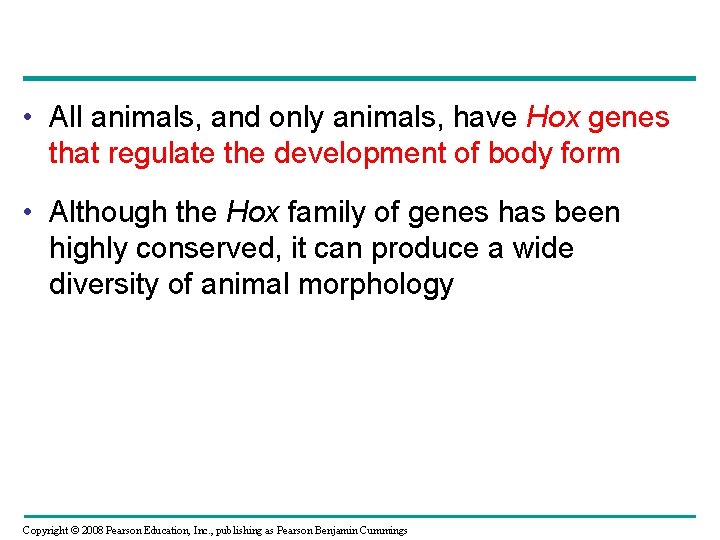  • All animals, and only animals, have Hox genes that regulate the development