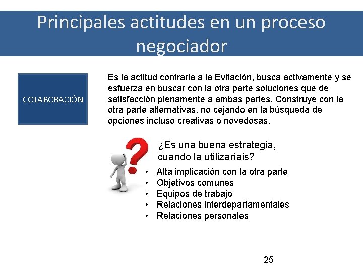 Principales actitudes en un proceso negociador COLABORACIÓN Es la actitud contraria a la Evitación,