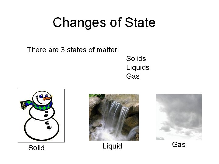 Changes of State There are 3 states of matter: Solids Liquids Gas Solid Liquid