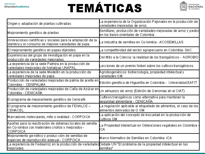 TEMÁTICAS Origen y adaptación de plantas cultivadas Mejoramiento genético de plantas La experiencia de