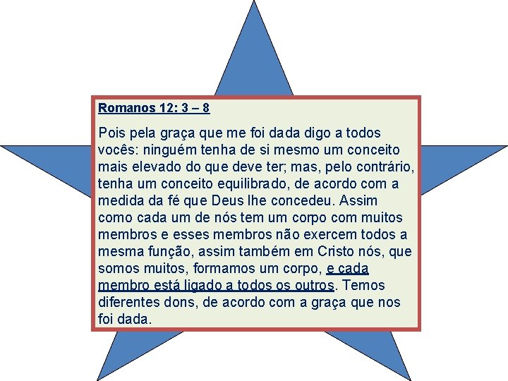 Romanos 12: 3 – 8 Pois pela graça que me foi dada digo a