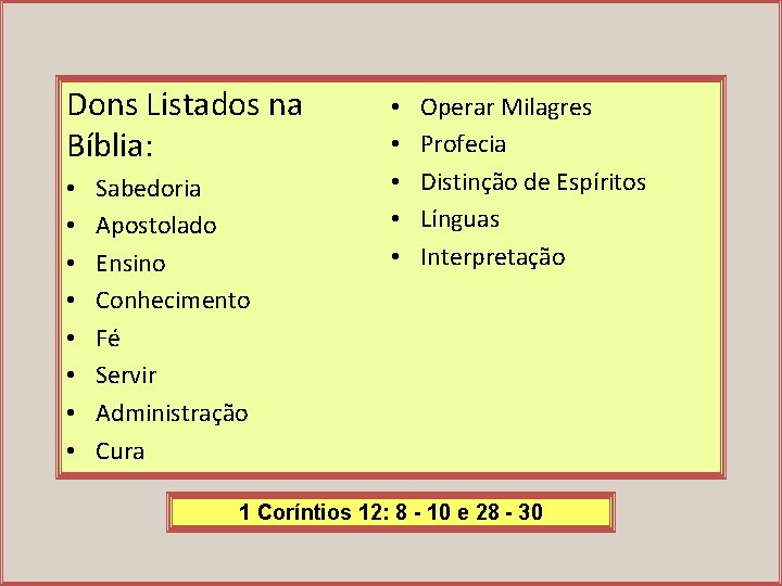 Dons Listados na Bíblia: • • Sabedoria Apostolado Ensino Conhecimento Fé Servir Administração Cura