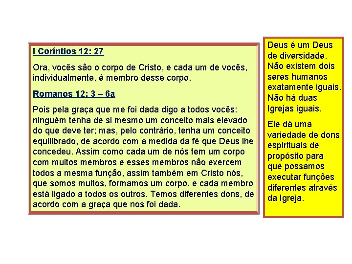 I Coríntios 12: 27 Ora, vocês são o corpo de Cristo, e cada um