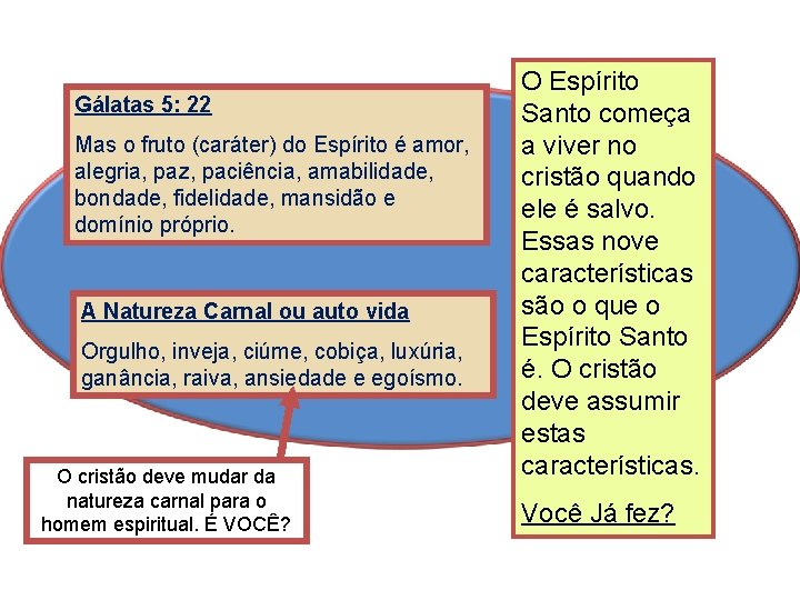 Gálatas 5: 22 Mas o fruto (caráter) do Espírito é amor, alegria, paz, paciência,