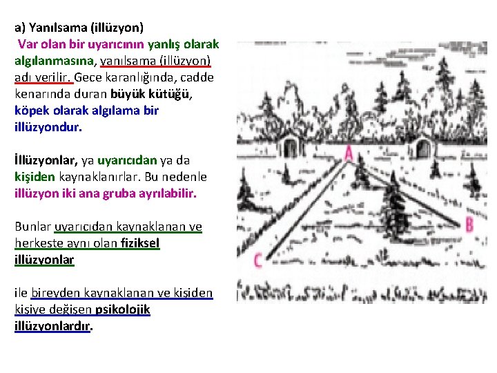 a) Yanılsama (illüzyon) Var olan bir uyarıcının yanlış olarak algılanmasına, yanılsama (illüzyon) adı verilir.