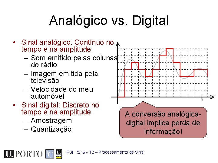 Analógico vs. Digital • Sinal analógico: Contínuo no tempo e na amplitude. – Som