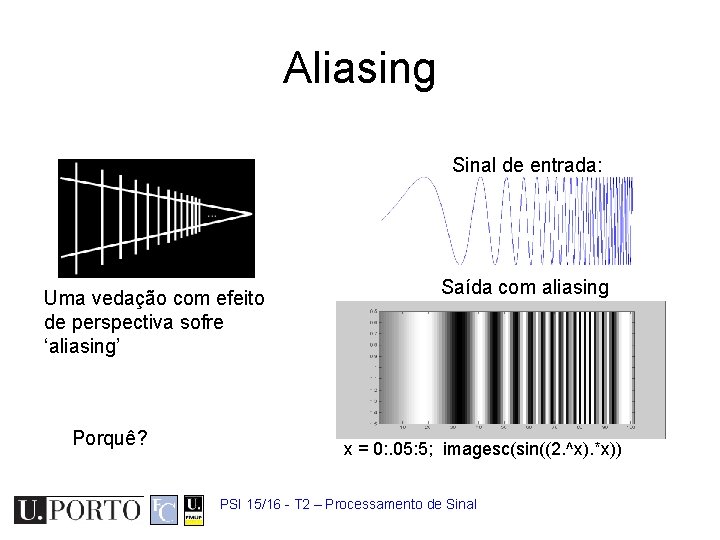 Aliasing Sinal de entrada: Uma vedação com efeito de perspectiva sofre ‘aliasing’ Porquê? Saída