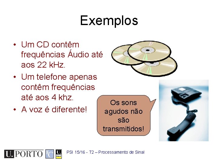 Exemplos • Um CD contêm frequências Áudio até aos 22 k. Hz. • Um