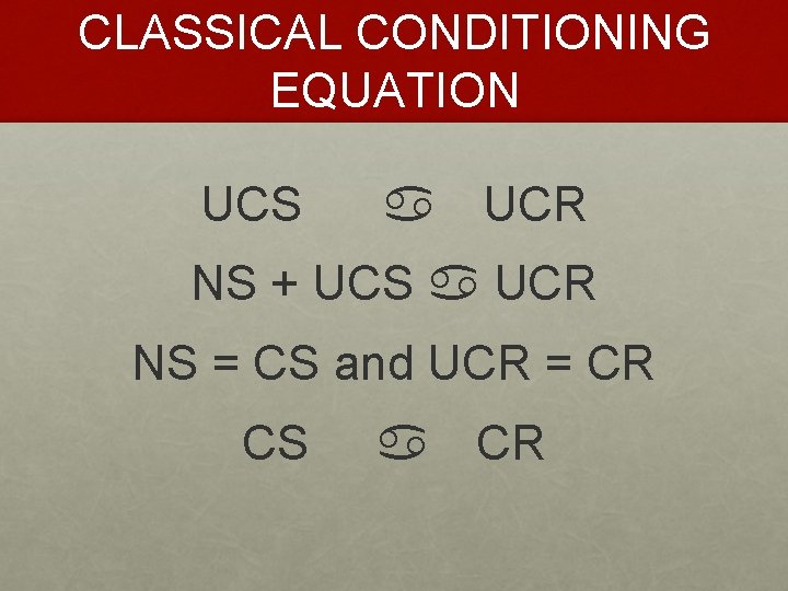 CLASSICAL CONDITIONING EQUATION UCS a UCR NS + UCS a UCR NS = CS