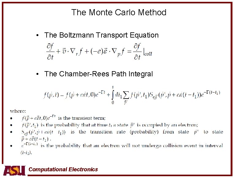 The Monte Carlo Method • The Boltzmann Transport Equation • The Chamber-Rees Path Integral