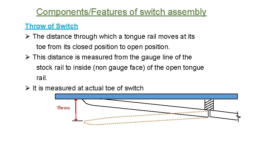 Components/Features of switch assembly Throw of Switch Ø The distance through which a tongue