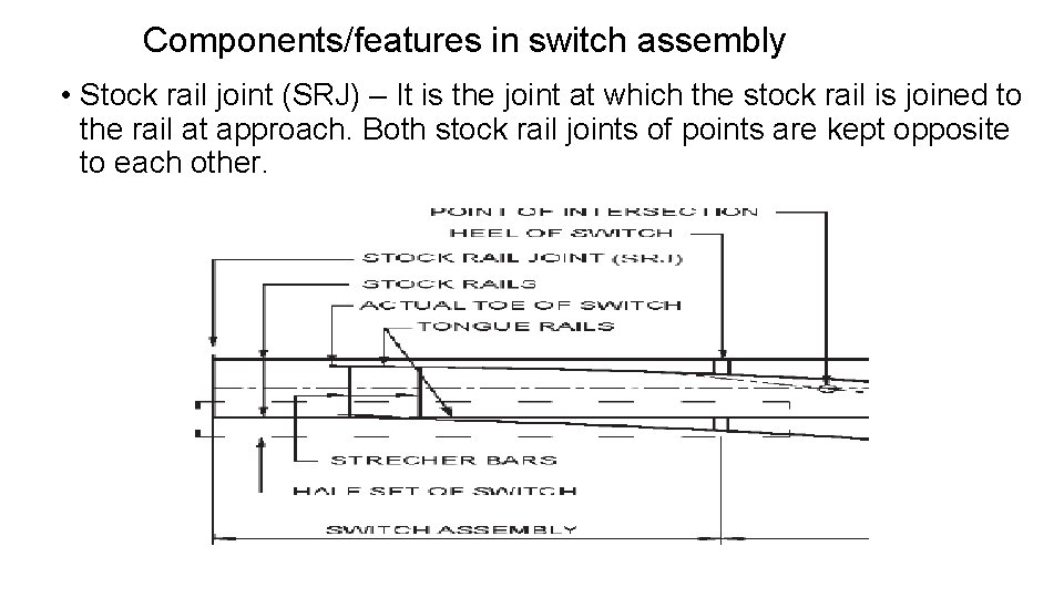Components/features in switch assembly • Stock rail joint (SRJ) – It is the joint