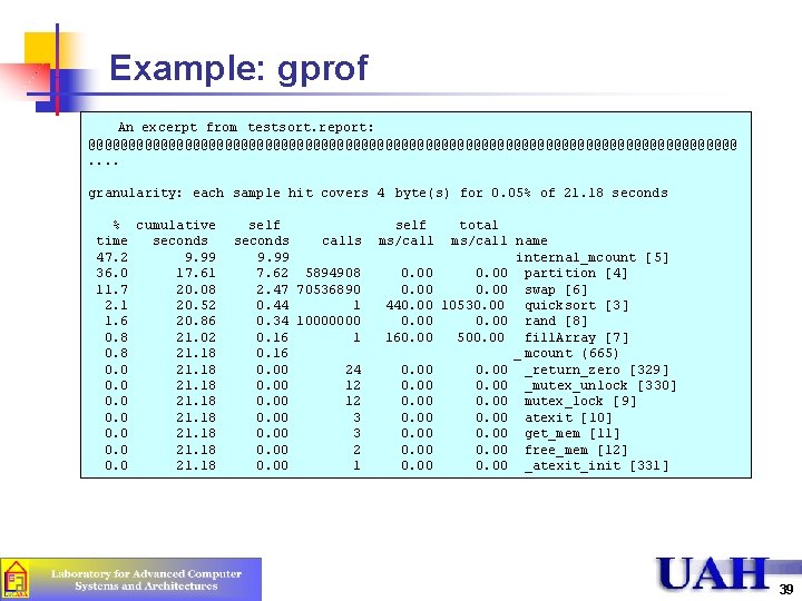 Example: gprof An excerpt from testsort. report: @@@@@@@@@@@@@@@@@@@@@@@@@@@@@@@@@@@@@@@@@. . granularity: each sample hit covers