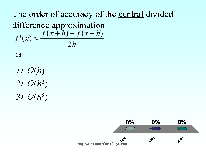 The order of accuracy of the central divided difference approximation is 1) O(h) 2)