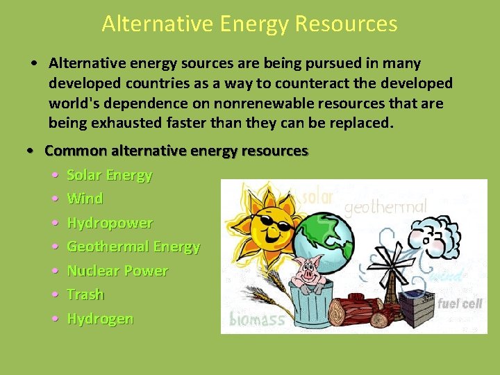Alternative Energy Resources • Alternative energy sources are being pursued in many developed countries