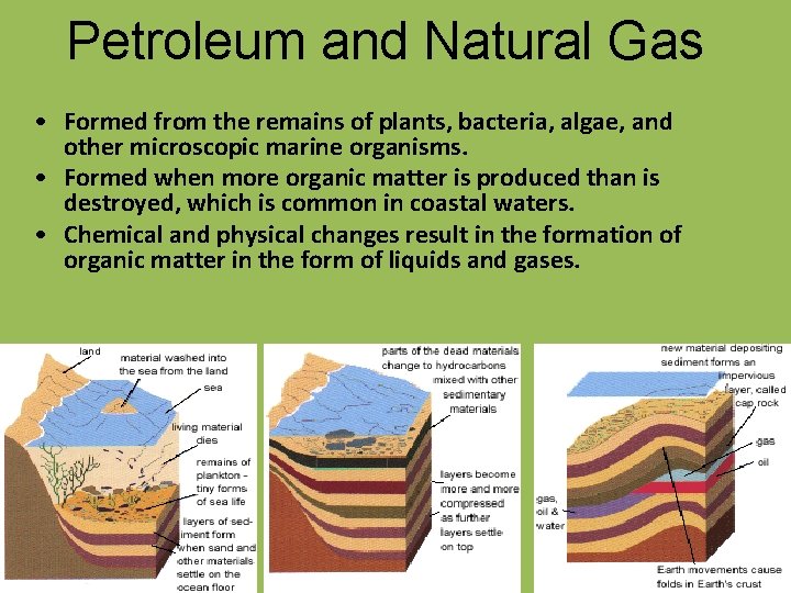 Petroleum and Natural Gas • Formed from the remains of plants, bacteria, algae, and