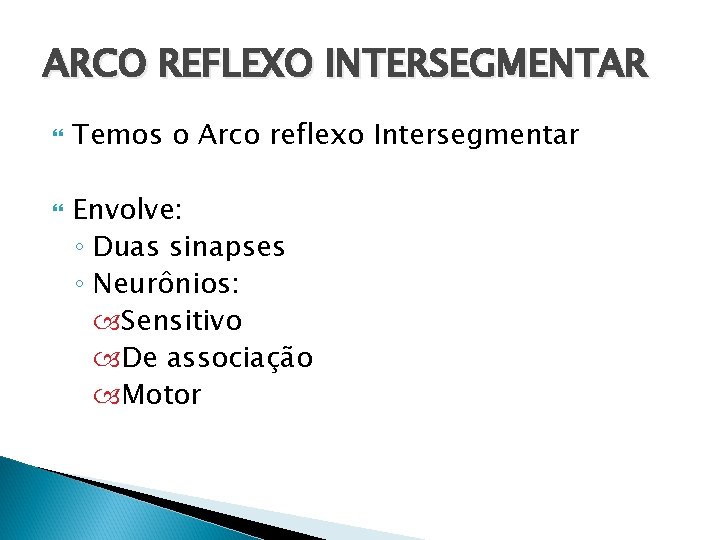 ARCO REFLEXO INTERSEGMENTAR Temos o Arco reflexo Intersegmentar Envolve: ◦ Duas sinapses ◦ Neurônios: