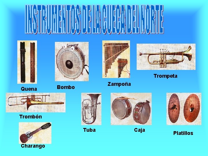 Trompeta Quena Zampoña Bombo Trombón Tuba Charango Caja Platillos 