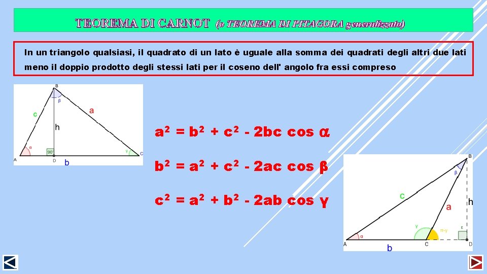 TEOREMA DI CARNOT (o TEOREMA DI PITAGORA generalizzato) In un triangolo qualsiasi, il quadrato