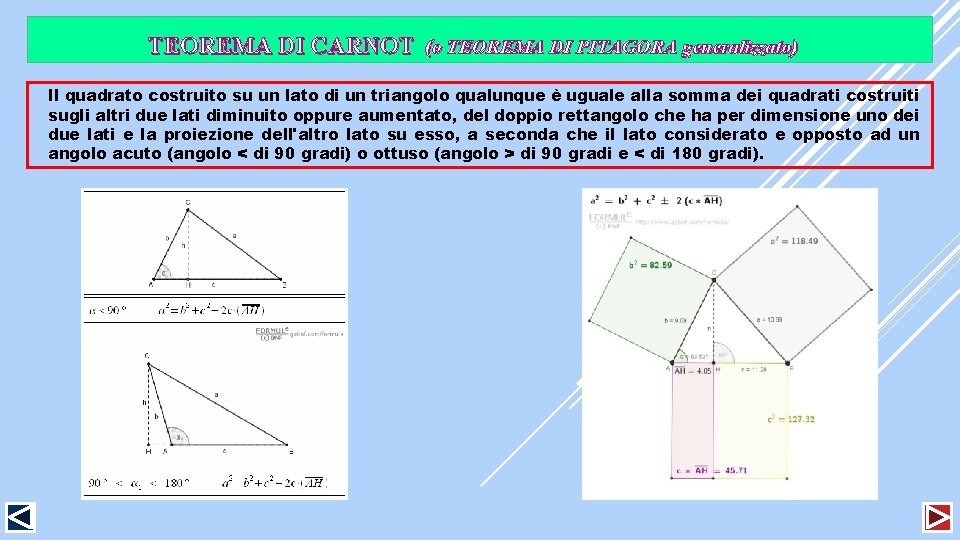 TEOREMA DI CARNOT (o TEOREMA DI PITAGORA generalizzato) Il quadrato costruito su un lato