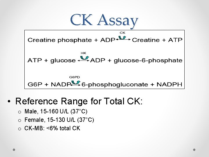 CK Assay • Reference Range for Total CK: o Male, 15 -160 U/L (37°C)