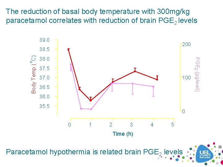 The reduction of basal body temperature with 300 mg/kg paracetamol correlates with reduction of