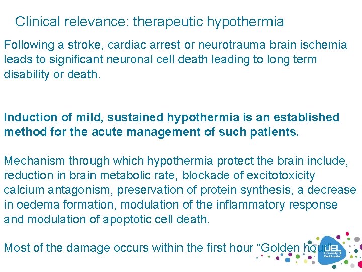 Clinical relevance: therapeutic hypothermia Following a stroke, cardiac arrest or neurotrauma brain ischemia leads