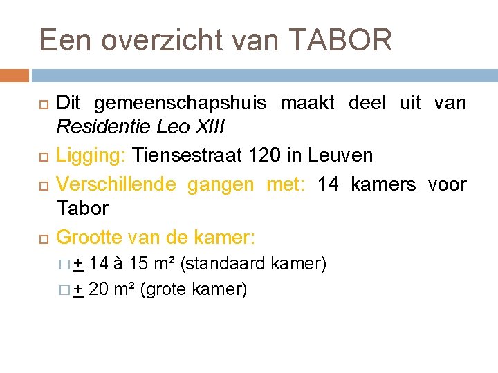 Een overzicht van TABOR Dit gemeenschapshuis maakt deel uit van Residentie Leo XIII Ligging: